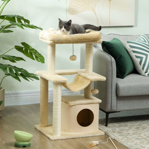 Lit Pour Chat 48x48x90 Cm En Peluche Crème, Arbre à Chat Avec Hamac, Niche Et Griffoir