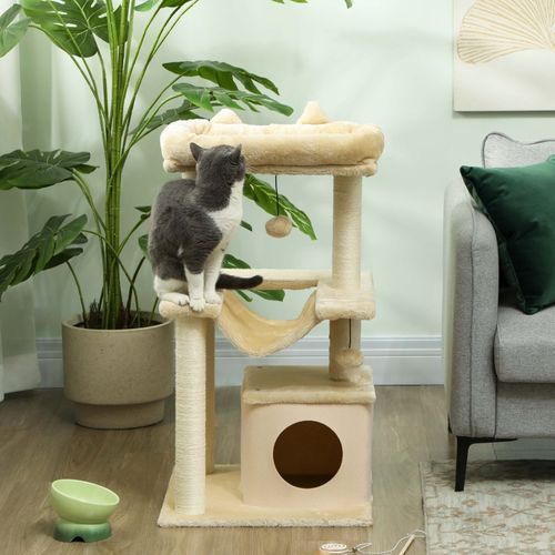 Lit Pour Chat 48x48x90 Cm En Peluche Crème, Arbre à Chat Avec Hamac, Niche Et Griffoir