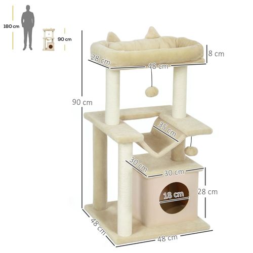 Lit Pour Chat 48x48x90 Cm En Peluche Crème, Arbre à Chat Avec Hamac, Niche Et Griffoir