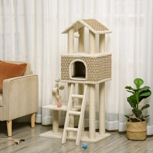 Arbre à Chat 69x40x131 Cm Kaki Avec Tanière 39,5x39,5x30 Cm, Poteaux En Sisal Et Peluche