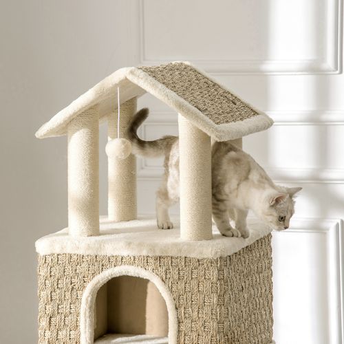 Arbre à Chat 69x40x131 Cm Kaki Avec Tanière 39,5x39,5x30 Cm, Poteaux En Sisal Et Peluche