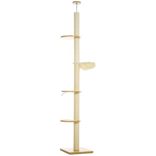 Arbre à Chat à Tension Plafond 230-250 Cm, Bois Composite Chêne, Sisal Et Peluche Douce