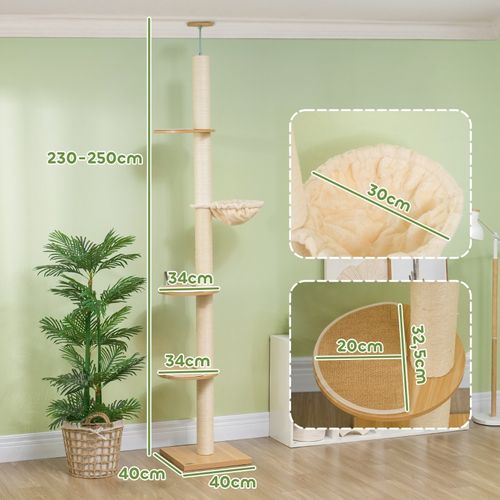Arbre à Chat à Tension Plafond 230-250 Cm, Bois Composite Chêne, Sisal Et Peluche Douce