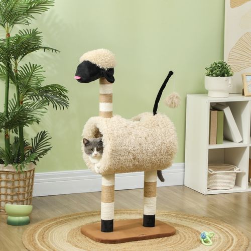 Lit Pour Chat 48x34x98 Cm En Peluche Marron, Design Mouton Nez Noir Avec Tunnel Et Griffoir