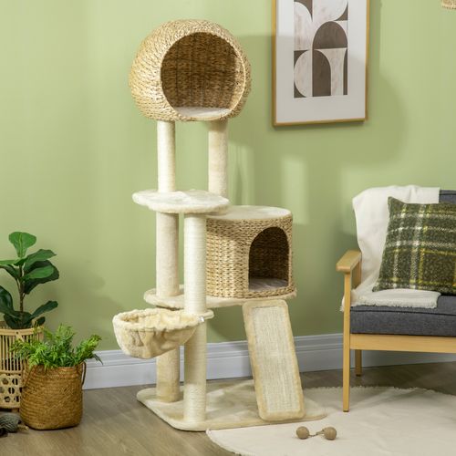 Lit D'appoint 60x60x150 Cm Pour Chats – Arbre à Griffer Beige Avec Maison, Hamac Et Poteaux En Jute