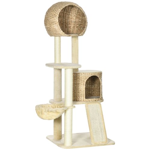 Lit D'appoint 60x60x150 Cm Pour Chats – Arbre à Griffer Beige Avec Maison, Hamac Et Poteaux En Jute