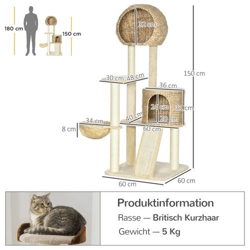 Lit D'appoint 60x60x150 Cm Pour Chats – Arbre à Griffer Beige Avec Maison, Hamac Et Poteaux En Jute