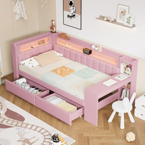 Lit Simple 90x200 Cm Avec Structure Avec Tiroirs Rose