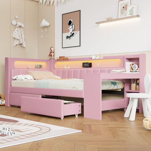 Lit Simple 90x200 Cm Avec Structure Avec Tiroirs Rose