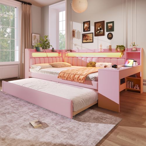 Lit Coffre 140x200 Cm Avec Lit Gigogne Rose