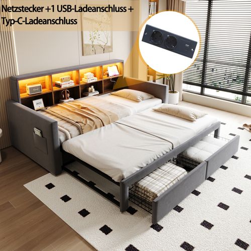 lit gigogne 90x190 Cm Avec Extension Coulissante Tissu Velours Gris