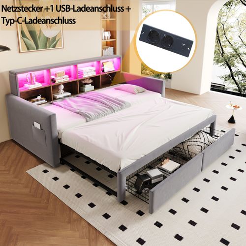 lit gigogne 90x190 Cm Avec Structure Extensible, Velours Gris Clair