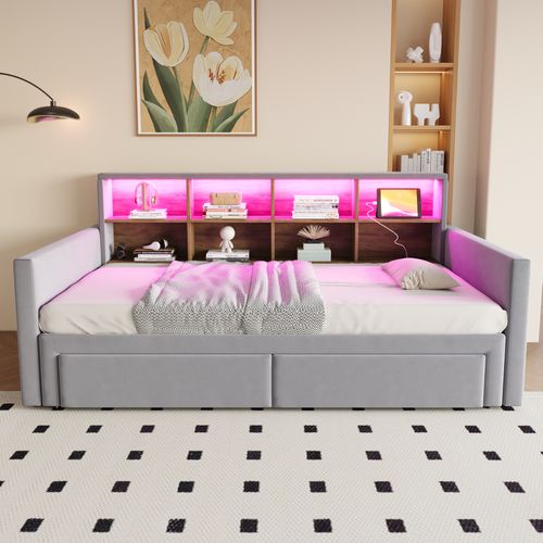 lit gigogne 90x190 Cm Avec Structure Extensible, Velours Gris Clair