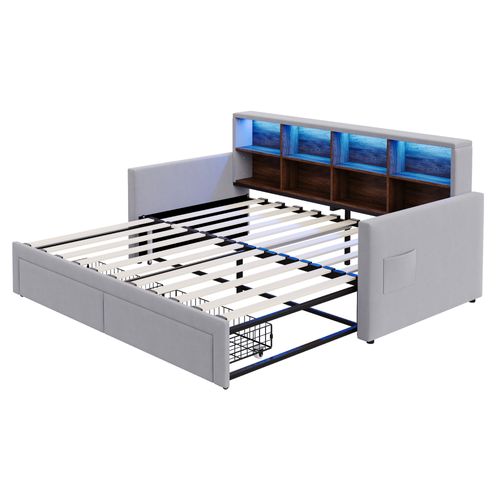 lit gigogne 90x190 Cm Avec Structure Extensible, Velours Gris Clair