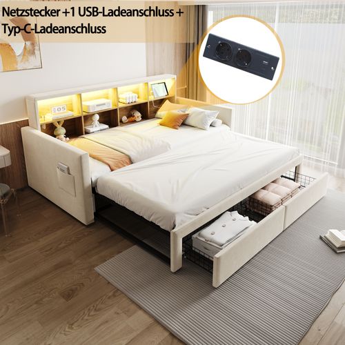 lit gigogne 90x190 Cm Avec Structure Extensible 180 Cm Tissu Velours Beige