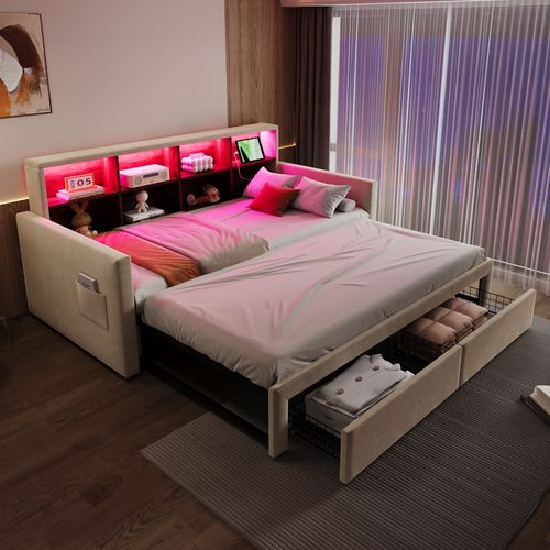 lit gigogne 90x190 Cm Avec Structure Extensible 180 Cm Tissu Velours Beige