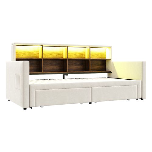 lit gigogne 90x190 Cm Avec Structure Extensible 180 Cm Tissu Velours Beige