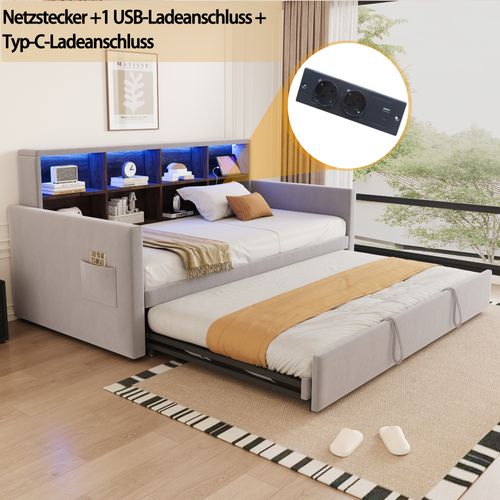 lit gigogne 90x190 Cm Avec Structure Gigogne Tête De Lit Avec Rangements Gris Clair