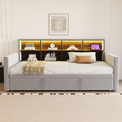 lit gigogne 90x190 Cm Avec Structure Gigogne Tête De Lit Avec Rangements Gris Clair