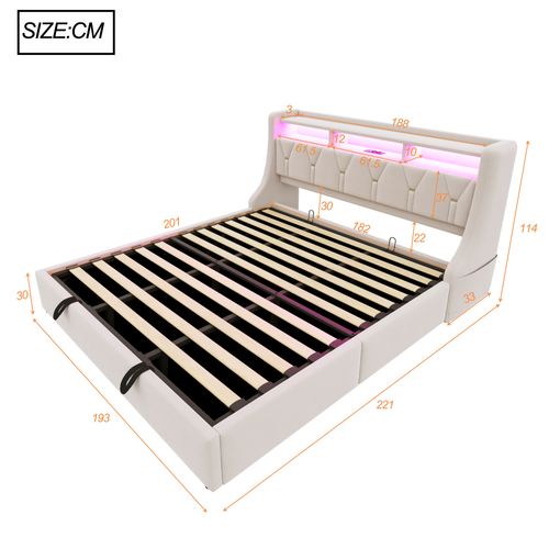 Lit Coffre 180x200 Cm Avec Sommier Relevable Tête De Lit Connectée Beige