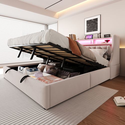 Lit Coffre 180x200 Cm Avec Sommier Relevable Tête De Lit Connectée Beige