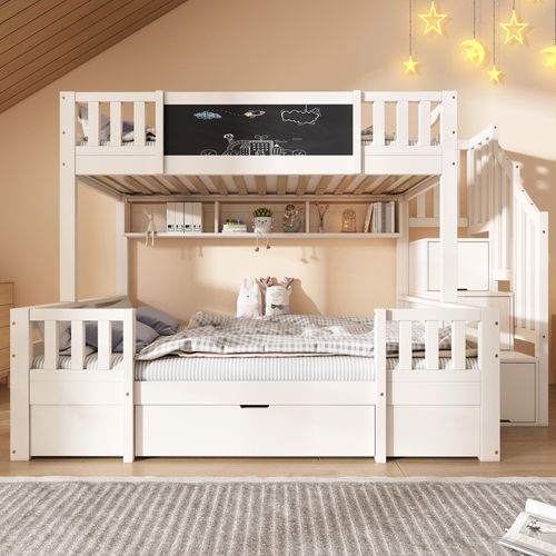 Lit Superposé 90x200/140x200 Cm Avec Escalier De Rangement Blanc
