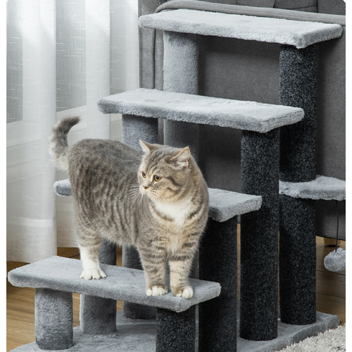 Pour Chat 64 Cm, 4 Marches En Jute Et Peluche Gris Avec Plateforme Centrale Et Balle De Jeu