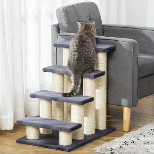 Escalier Pour Animaux 4 Marches 60x40,5x59 Cm En Peluche Grise, Stable Et Antidérapant