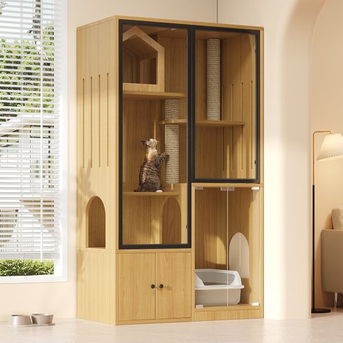 Maison Pour Chat 90x50x160 Cm En Mdf Et Verre Trempé, Finition Érable, Cadre Noir Design
