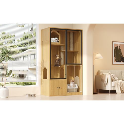 Maison Pour Chat 90x50x160 Cm En Mdf Et Verre Trempé, Finition Érable, Cadre Noir Design