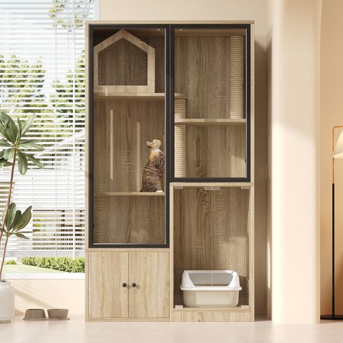 Lit 90x50x160 Cm Mdf/verre Trempé – Maison Vitrée Pour Chat, Bois Naturel Cadre Noir