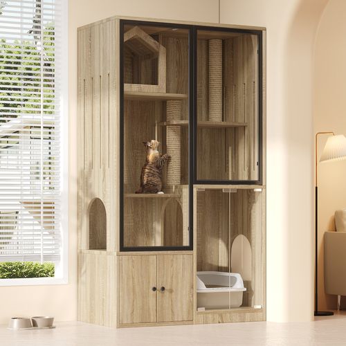 Lit 90x50x160 Cm Mdf/verre Trempé – Maison Vitrée Pour Chat, Bois Naturel Cadre Noir