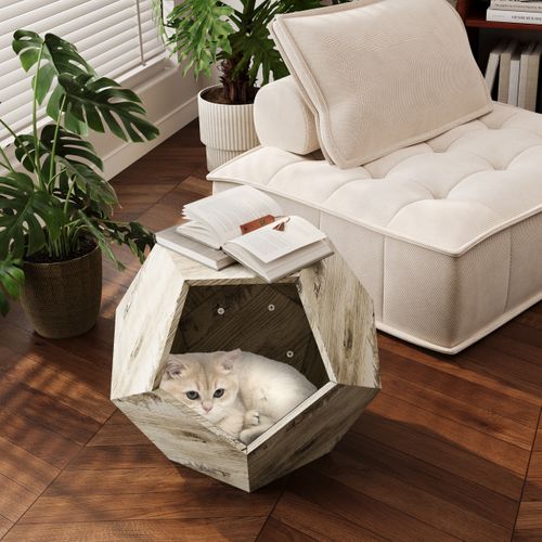 Lit Pour Chat Et Table D'appoint Multifonction En Mdf Chêne Blanc, Niche Cosy Avec Trou D'accès