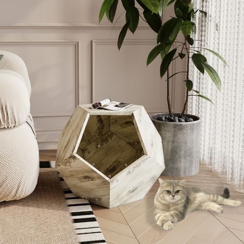 Lit Pour Chat Et Table D'appoint Multifonction En Mdf Chêne Blanc, Niche Cosy Avec Trou D'accès