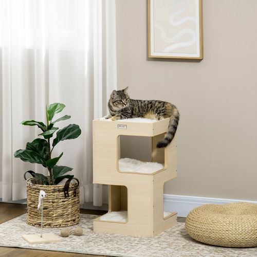 Maison Pour Chat 34x34x60 Cm En Peluche Coloris Chêne - 3 Niveaux, Coussins Lavables