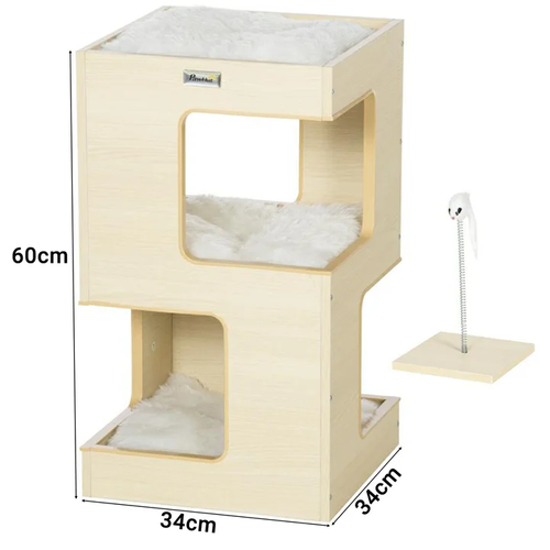 Maison Pour Chat 34x34x60 Cm En Peluche Coloris Chêne - 3 Niveaux, Coussins Lavables