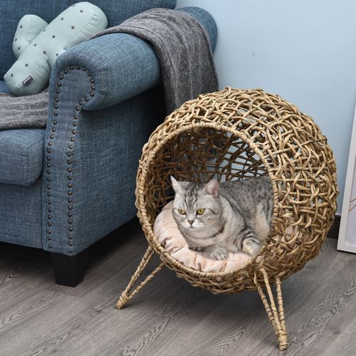 Lit Pour Chat En Rotin Pe Marron Sur Structure Métal, Coussin Velours, Pieds Surélevés