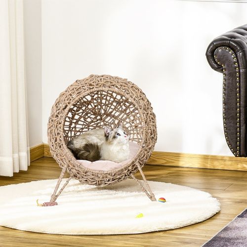 Lit Pour Chat En Rotin Pe Marron Sur Structure Métal, Coussin Velours, Pieds Surélevés