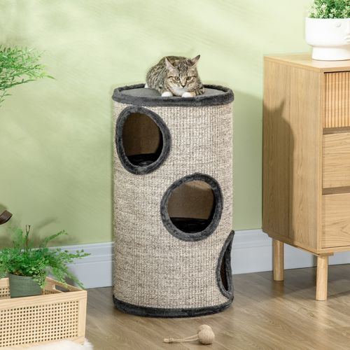 Tour à Griffer Pour Chat 3 Niveaux 38 X 70 Cm En Peluche Gris Clair Avec Tapis Sisal Intégré