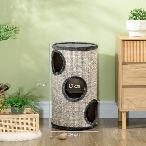 Tour à Griffer Pour Chat 3 Niveaux 38 X 70 Cm En Peluche Gris Clair Avec Tapis Sisal Intégré