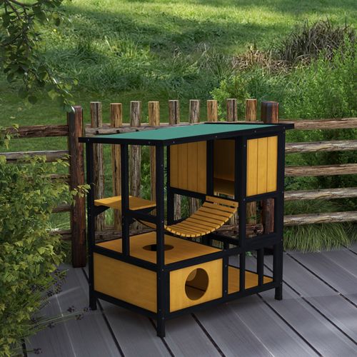 Maison Pour Chats 84,5x60x88 Cm Jaune – Abri Double Avec Toit Incliné Asphalté Étanche