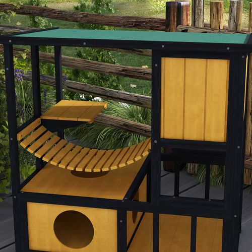 Maison Pour Chats 84,5x60x88 Cm Jaune – Abri Double Avec Toit Incliné Asphalté Étanche