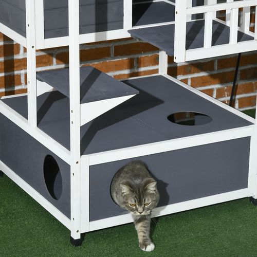 Maison Pour Chats 4 Niveaux En Sapin Gris 75,5 X 75 X 137 Cm, Toit Asphalté Et Étanche