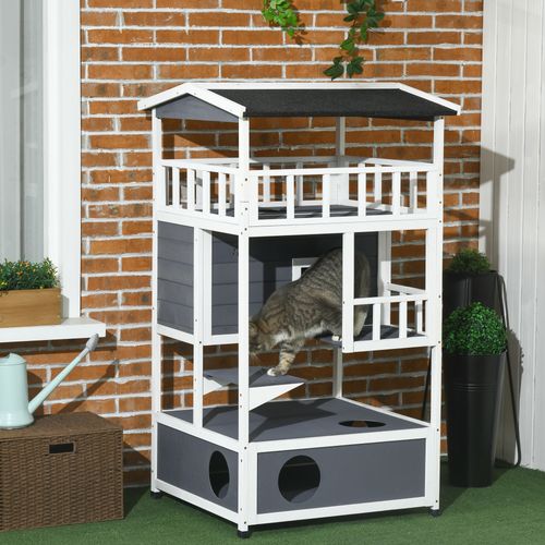 Maison Pour Chats 4 Niveaux En Sapin Gris 75,5 X 75 X 137 Cm, Toit Asphalté Et Étanche