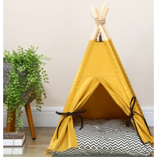 Lit Pour Animaux 60x60x76 Cm Style Tipi Jaune En Polyester, Coussin Épais Lavable En Machine
