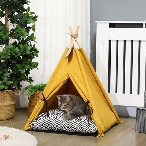 Lit Pour Animaux 60x60x76 Cm Style Tipi Jaune En Polyester, Coussin Épais Lavable En Machine