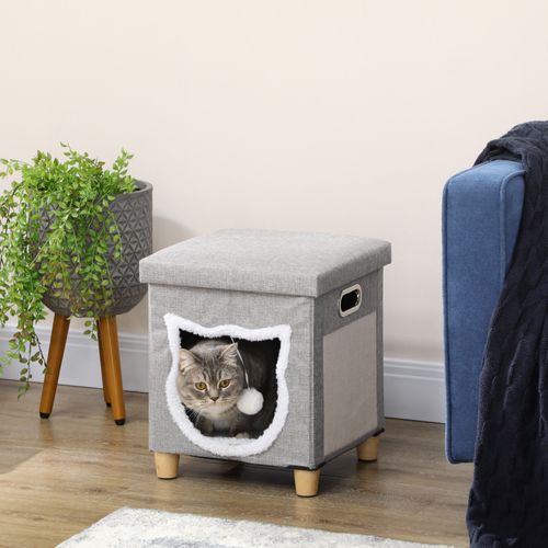 Maison Pour Chat Grise En Mdf Avec Coussin Amovible Lavable, Tapis à Griffer Et Balle Suspendue