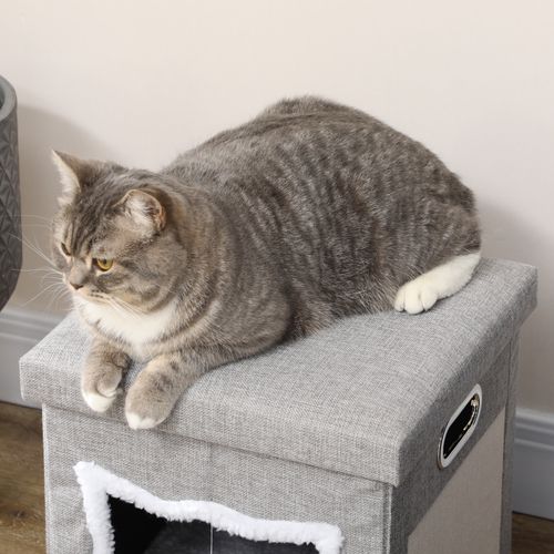 Maison Pour Chat Grise En Mdf Avec Coussin Amovible Lavable, Tapis à Griffer Et Balle Suspendue