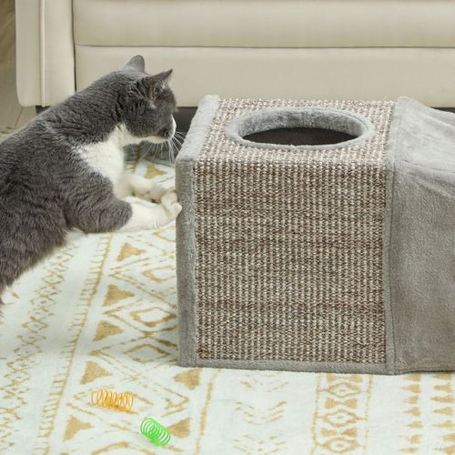 Lit Tunnel Pour Chat 98x30x30 Cm Polyester Brun, Pliable, Deux Niches Et Intérieur En Peluche