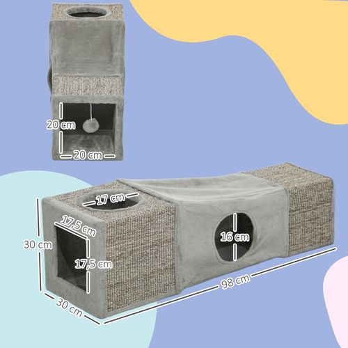 Lit Tunnel Pour Chat 98x30x30 Cm Polyester Brun, Pliable, Deux Niches Et Intérieur En Peluche